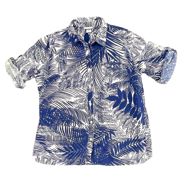 JACLYN Smith Blue Tropical Button-Down Collard Top Women’s Size Large. - Picture 1 of 16